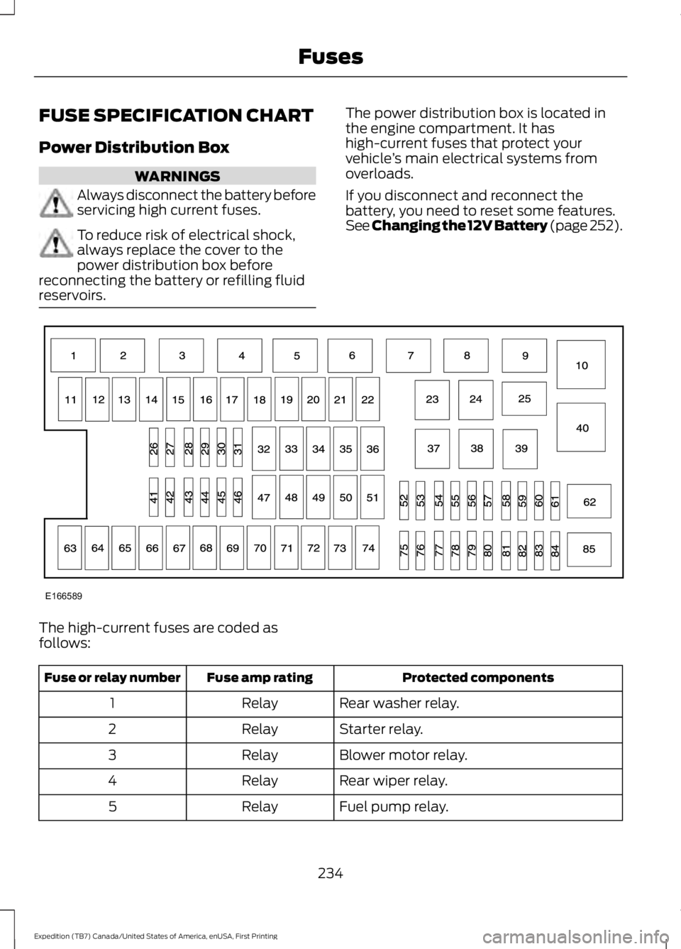 FORD EXPEDITION EL 2016  Owners Manual FUSE SPECIFICATION CHART
Power Distribution Box
WARNINGS
Always disconnect the battery beforeservicing high current fuses.
To reduce risk of electrical shock,always replace the cover to thepower distr