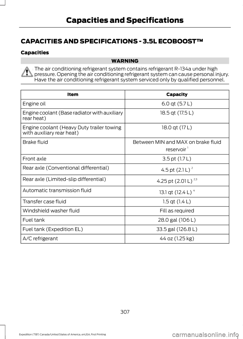 FORD EXPEDITION EL 2016  Owners Manual CAPACITIES AND SPECIFICATIONS - 3.5L ECOBOOST™
Capacities
WARNING
The air conditioning refrigerant system contains refrigerant R-134a under highpressure. Opening the air conditioning refrigerant sys