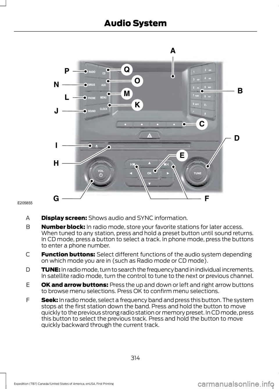 FORD EXPEDITION EL 2016  Owners Manual Display screen: Shows audio and SYNC information.A
Number block: In radio mode, store your favorite stations for later access.When tuned to any station, press and hold a preset button until sound retu