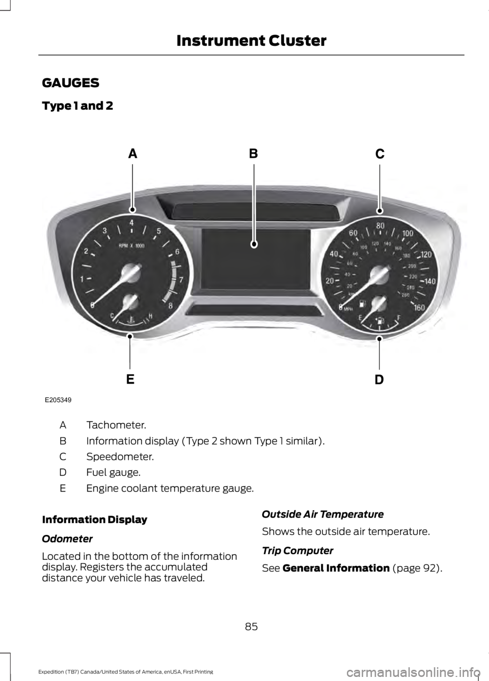 FORD EXPEDITION EL 2016  Owners Manual GAUGES
Type 1 and 2
Tachometer.A
Information display (Type 2 shown Type 1 similar).B
Speedometer.C
Fuel gauge.D
Engine coolant temperature gauge.E
Information Display
Odometer
Located in the bottom of