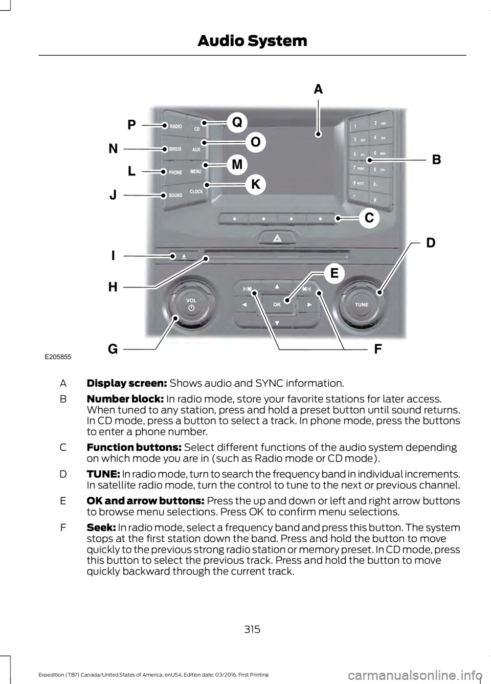 FORD EXPEDITION EL 2017  Owners Manual Display screen: Shows audio and SYNC information.A
Number block: In radio mode, store your favorite stations for later access.When tuned to any station, press and hold a preset button until sound retu