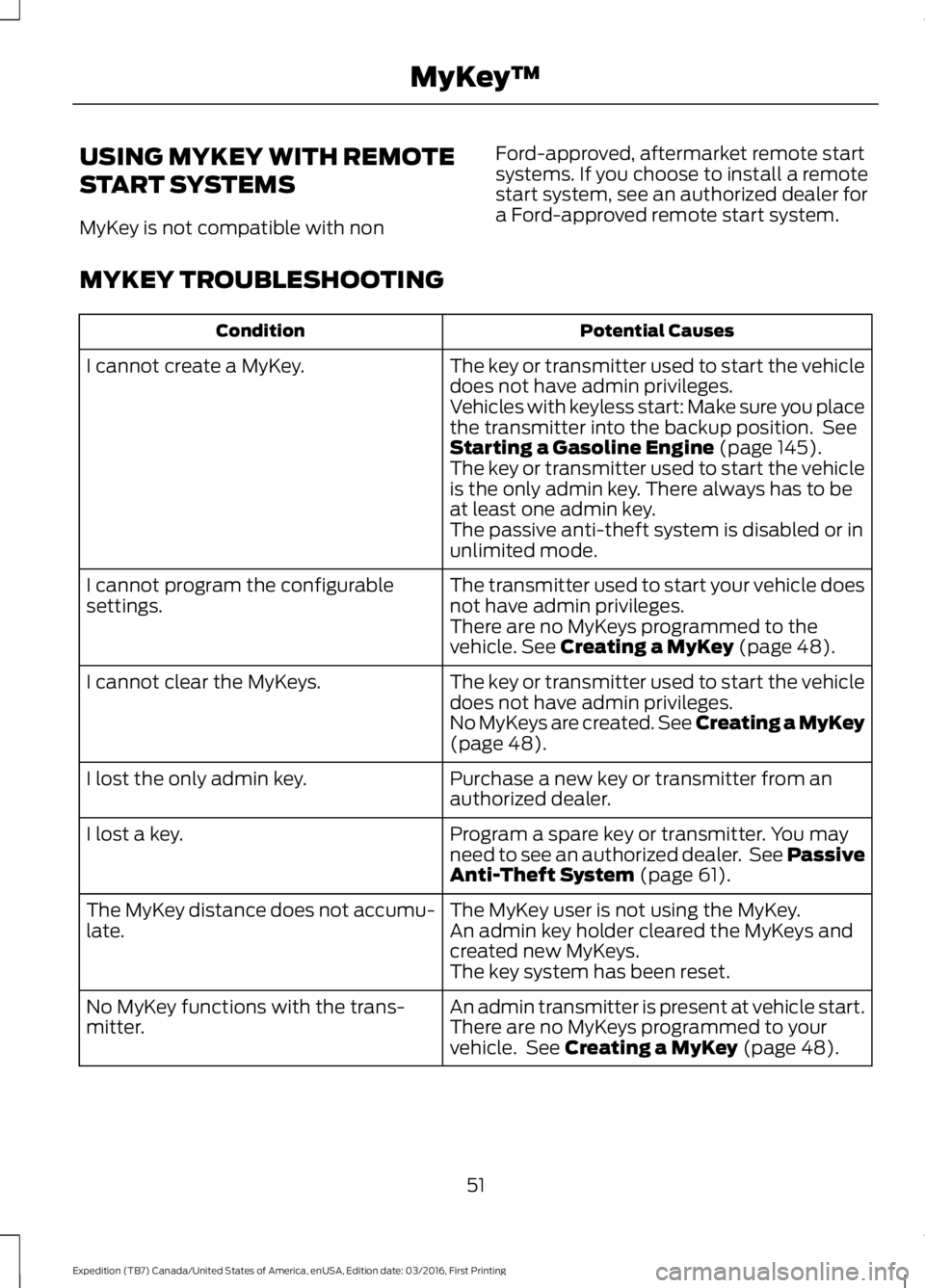 FORD EXPEDITION EL 2017  Owners Manual USING MYKEY WITH REMOTE
START SYSTEMS
MyKey is not compatible with non
Ford-approved, aftermarket remote startsystems. If you choose to install a remotestart system, see an authorized dealer fora Ford
