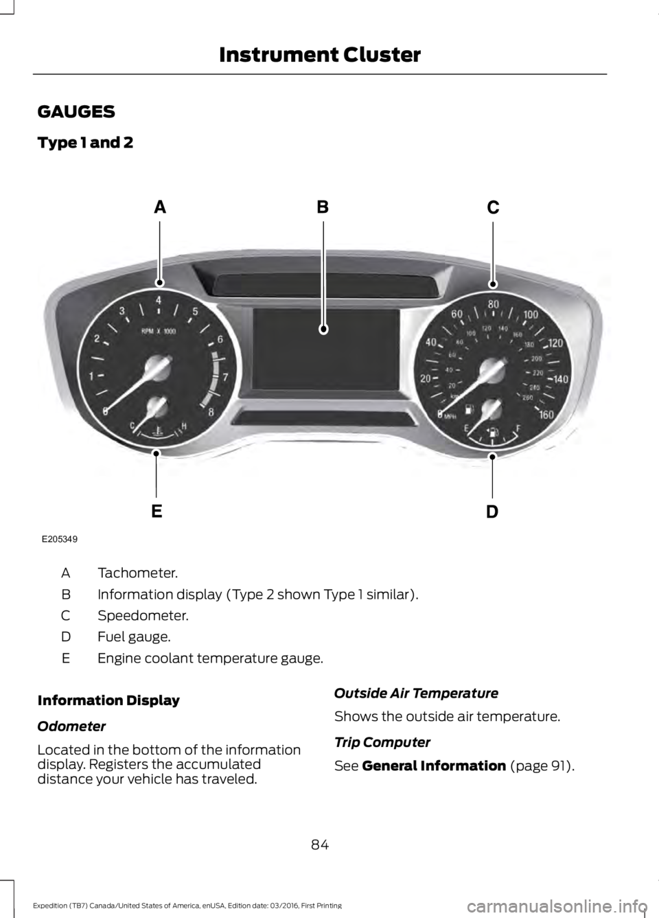 FORD EXPEDITION EL 2017  Owners Manual GAUGES
Type 1 and 2
Tachometer.A
Information display (Type 2 shown Type 1 similar).B
Speedometer.C
Fuel gauge.D
Engine coolant temperature gauge.E
Information Display
Odometer
Located in the bottom of