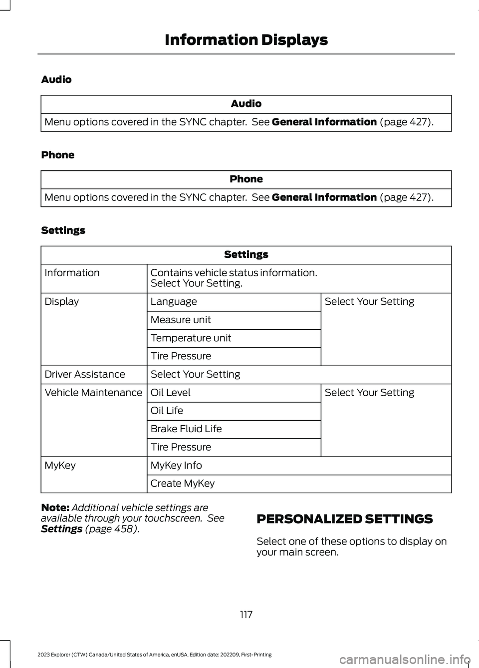 FORD EXPLORER 2023  Owners Manual Audio
Audio
Menu options covered in the SYNC chapter. See General Information (page 427).
Phone
Phone
Menu options covered in the SYNC chapter. See General Information (page 427).
Settings
Settings
Co