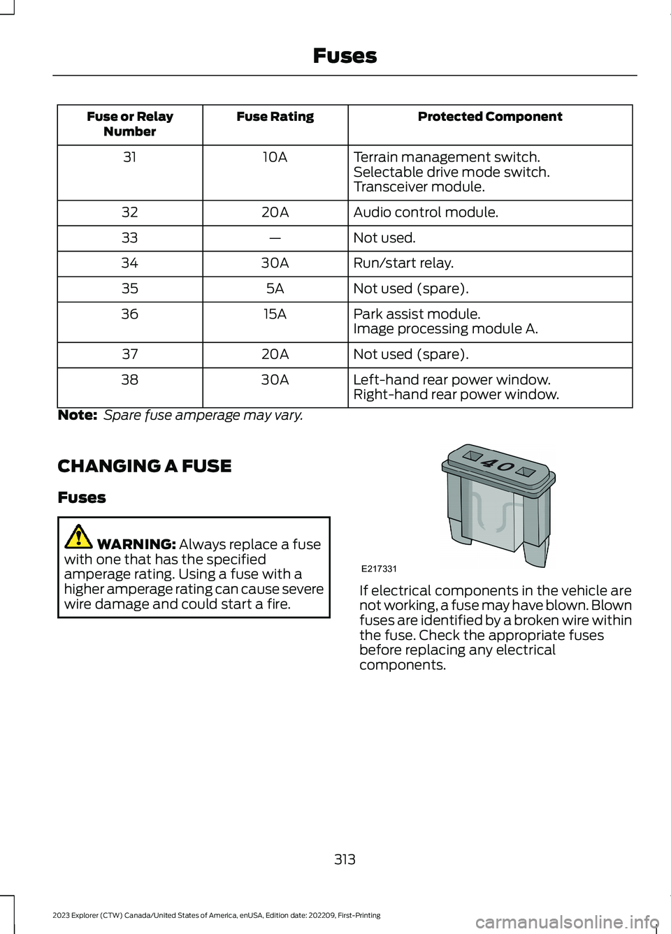 FORD EXPLORER 2023  Owners Manual Protected ComponentFuse RatingFuse or RelayNumber
Terrain management switch.10A31Selectable drive mode switch.Transceiver module.
Audio control module.20A32
Not used.—33
Run/start relay.30A34
Not us