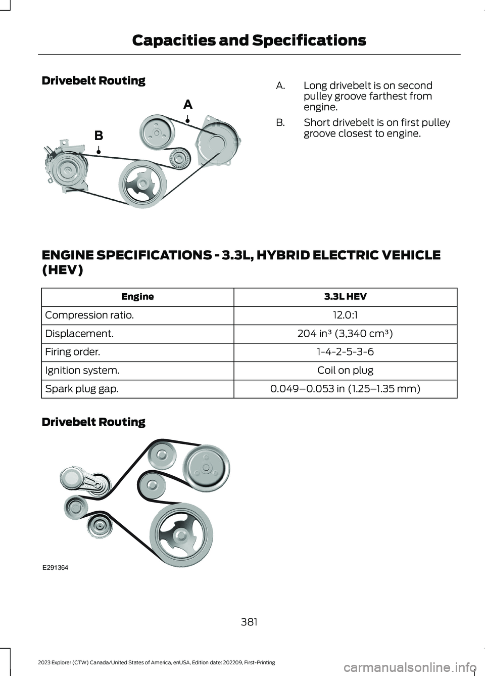 FORD EXPLORER 2023  Owners Manual Drivebelt RoutingLong drivebelt is on secondpulley groove farthest fromengine.
A.
Short drivebelt is on first pulleygroove closest to engine.B.
ENGINE SPECIFICATIONS - 3.3L, HYBRID ELECTRIC VEHICLE
(H