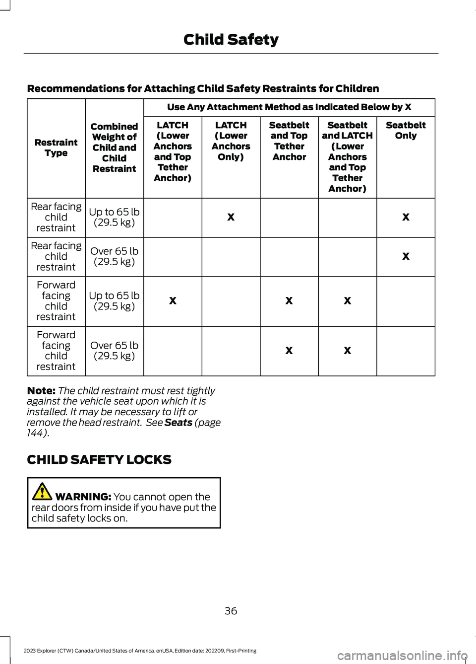 FORD EXPLORER 2023  Owners Manual Recommendations for Attaching Child Safety Restraints for Children
Use Any Attachment Method as Indicated Below by X
CombinedWeight ofChild andChildRestraint
RestraintType
SeatbeltOnlySeatbeltand LATC