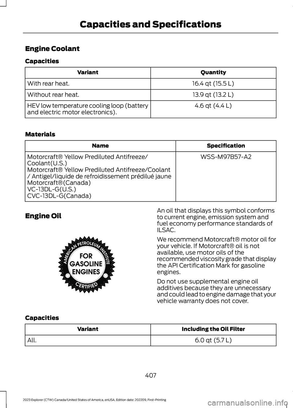 FORD EXPLORER 2023  Owners Manual Engine Coolant
Capacities
QuantityVariant
16.4 qt (15.5 L)With rear heat.
13.9 qt (13.2 L)Without rear heat.
4.6 qt (4.4 L)HEV low temperature cooling loop (batteryand electric motor electronics).
Mat