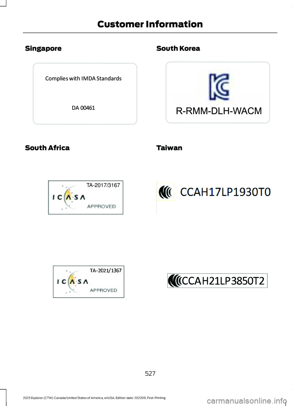 FORD EXPLORER 2023  Owners Manual Singapore
South Africa
South Korea
Taiwan
527
2023 Explorer (CTW) Canada/United States of America, enUSA, Edition date: 202209, First-PrintingCustomer InformationE339940   TA-2017/3167E340658  E364896