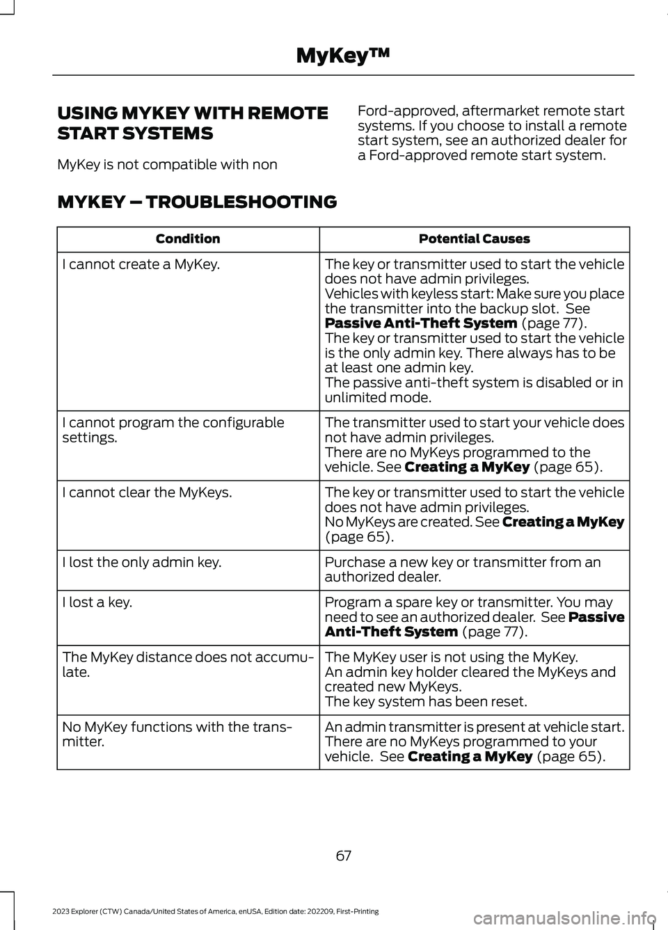 FORD EXPLORER 2023  Owners Manual USING MYKEY WITH REMOTE
START SYSTEMS
MyKey is not compatible with non
Ford-approved, aftermarket remote startsystems. If you choose to install a remotestart system, see an authorized dealer fora Ford