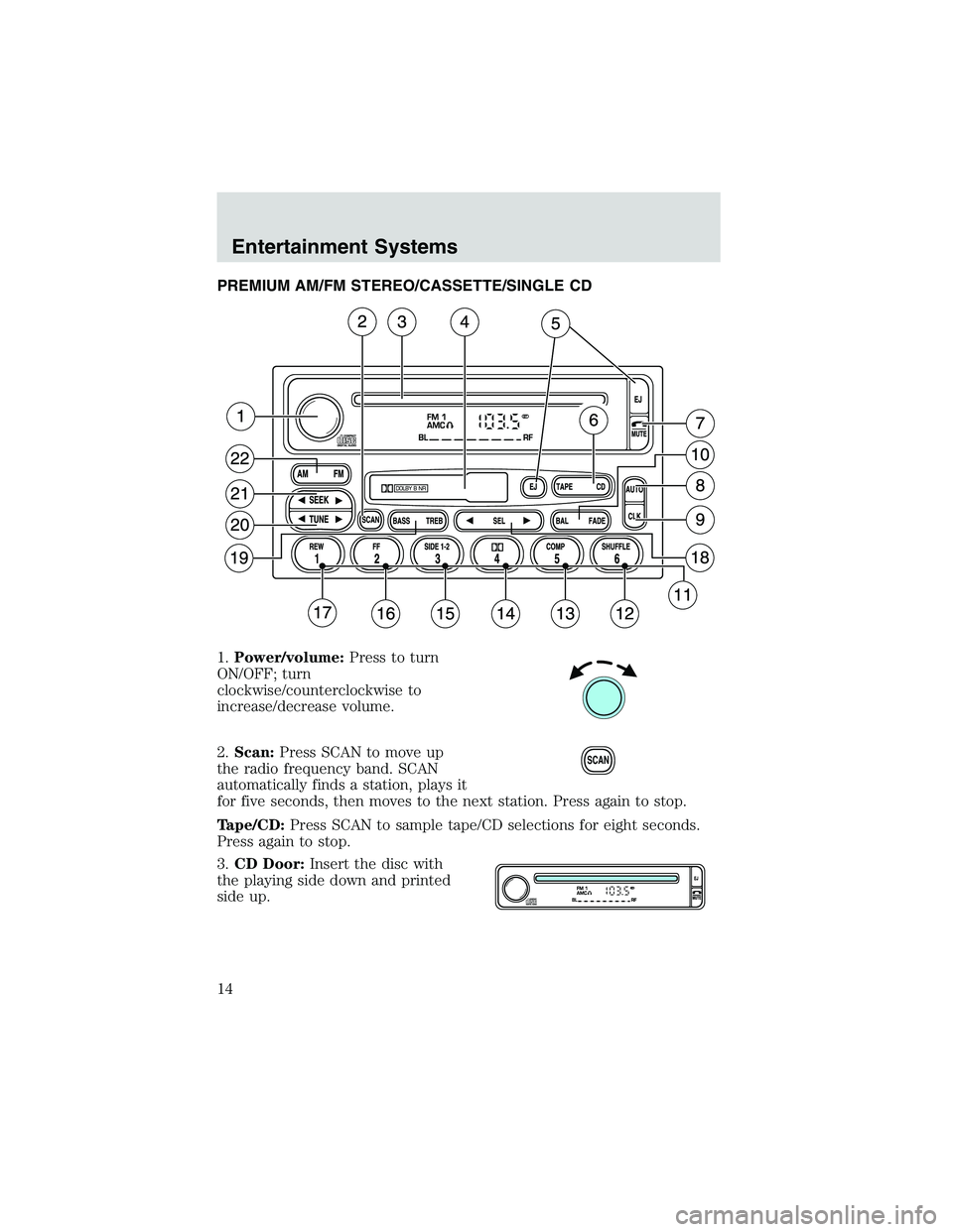 FORD EXPLORER SPORT TRAC 2002  Owners Manual PREMIUM AM/FM STEREO/CASSETTE/SINGLE CD
1.Power/volume:Press to turn
ON/OFF; turn
clockwise/counterclockwise to
increase/decrease volume.
2.Scan:Press SCAN to move up
the radio frequency band. SCAN
au