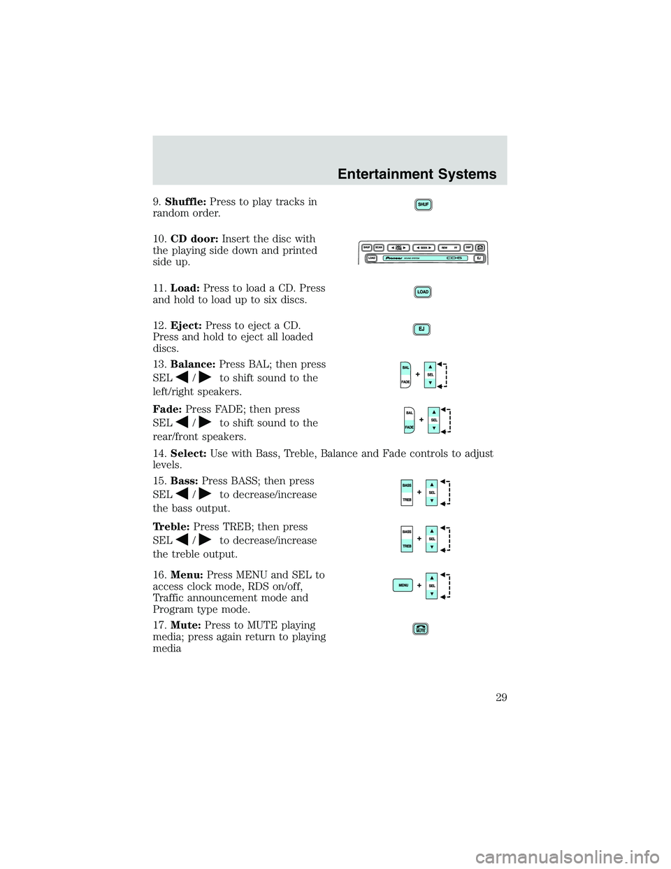 FORD EXPLORER SPORT TRAC 2002  Owners Manual 9.Shuffle:Press to play tracks in
random order.
10.CD door:Insert the disc with
the playing side down and printed
side up.
11.Load:Press to load a CD. Press
and hold to load up to six discs.
12.Eject: