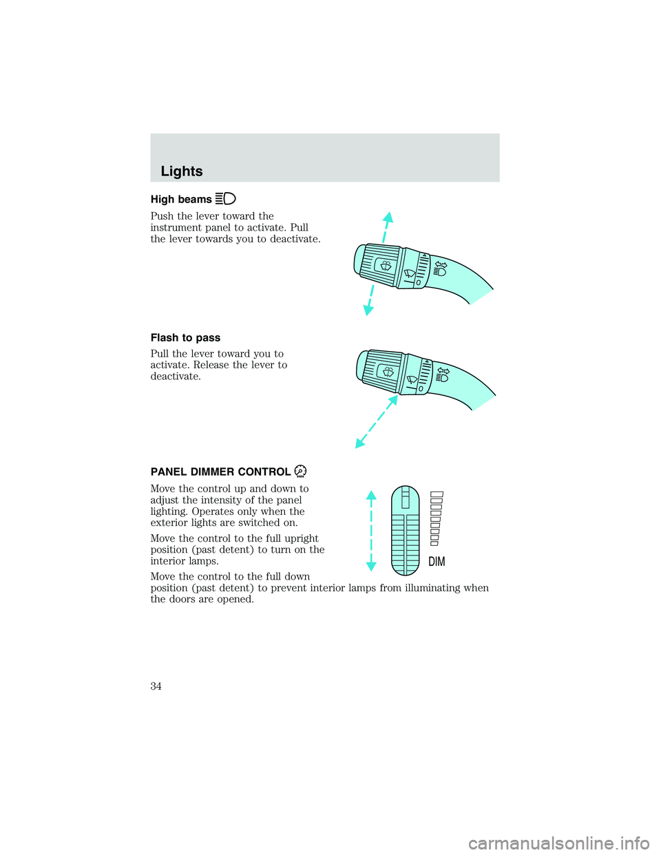 FORD EXPLORER SPORT TRAC 2002  Owners Manual High beams
Push the lever toward the
instrument panel to activate. Pull
the lever towards you to deactivate.
Flash to pass
Pull the lever toward you to
activate. Release the lever to
deactivate.
PANEL