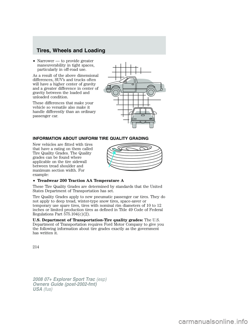 FORD EXPLORER SPORT TRAC 2008 Owners Manual •Narrower — to provide greater
maneuverability in tight spaces,
particularly in off-road use.
As a result of the above dimensional
differences, SUV’s and trucks often
will have a higher center o FORD EXPLORER SPORT TRAC 2008 Owners Manual •Narrower — to provide greater
maneuverability in tight spaces,
particularly in off-road use.
As a result of the above dimensional
differences, SUV’s and trucks often
will have a higher center o