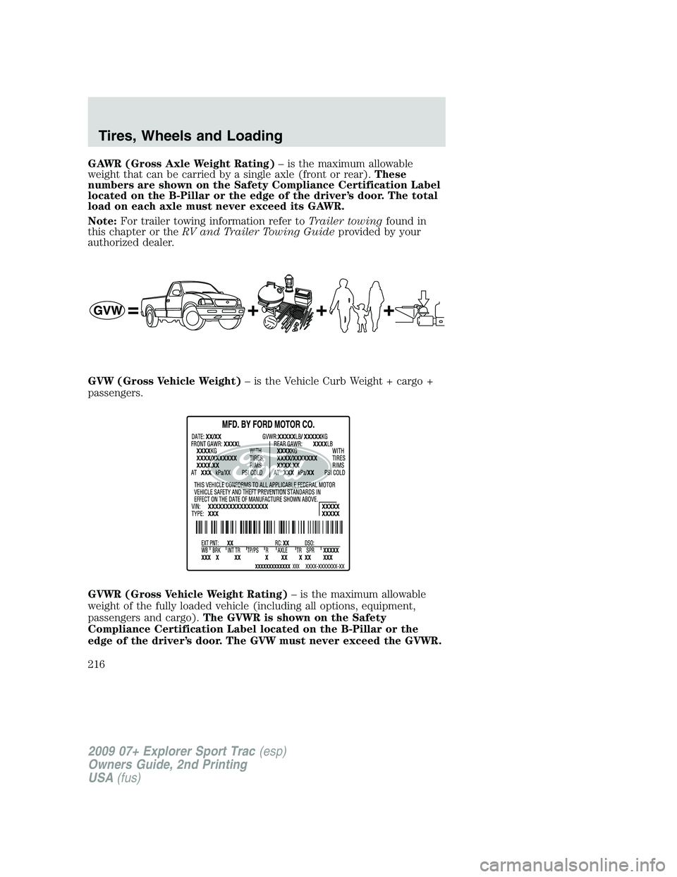 FORD EXPLORER SPORT TRAC 2009  Owners Manual GAWR (Gross Axle Weight Rating)– is the maximum allowable
weight that can be carried by a single axle (front or rear).These
numbers are shown on the Safety Compliance Certification Label
located on 