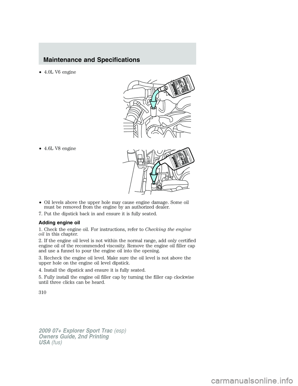 FORD EXPLORER SPORT TRAC 2009  Owners Manual •4.0L V6 engine
•4.6L V8 engine
•Oil levels above the upper hole may cause engine damage. Some oil
must be removed from the engine by an authorized dealer.
7. Put the dipstick back in and ensure