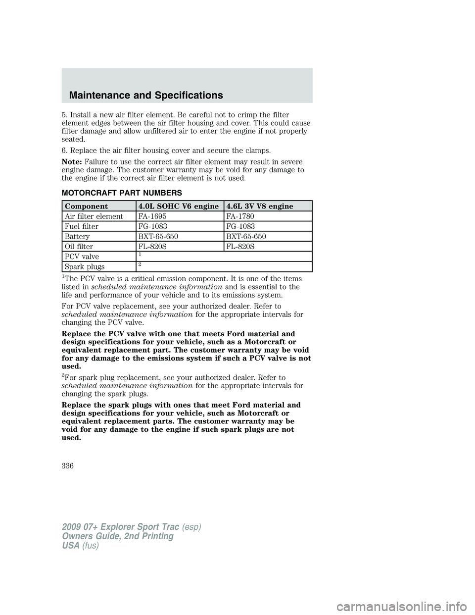 FORD EXPLORER SPORT TRAC 2009 Owners Manual 5. Install a new air filter element. Be careful not to crimp the filter
element edges between the air filter housing and cover. This could cause
filter damage and allow unfiltered air to enter the eng FORD EXPLORER SPORT TRAC 2009 Owners Manual 5. Install a new air filter element. Be careful not to crimp the filter
element edges between the air filter housing and cover. This could cause
filter damage and allow unfiltered air to enter the eng