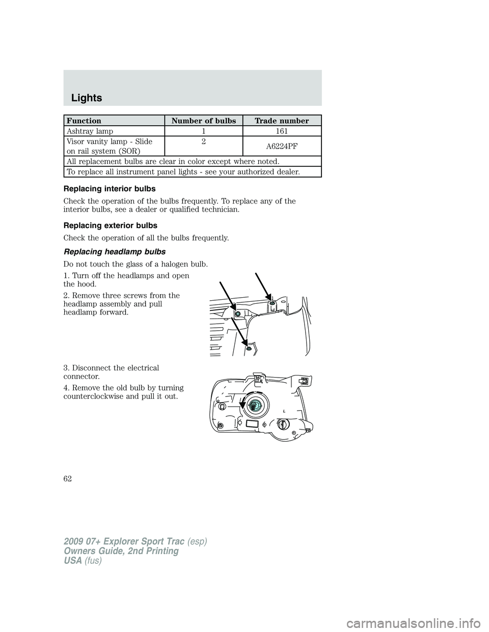 FORD EXPLORER SPORT TRAC 2009  Owners Manual Function Number of bulbs Trade number
Ashtray lamp 1 161
Visor vanity lamp - Slide
on rail system (SOR)2
A6224PF
All replacement bulbs are clear in color except where noted.
To replace all instrument 