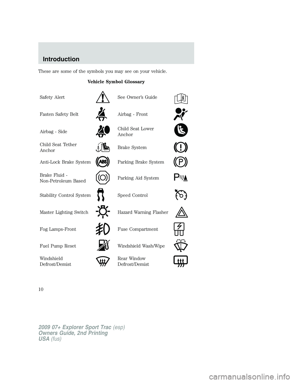 FORD EXPLORER SPORT TRAC 2009  Owners Manual These are some of the symbols you may see on your vehicle.
Vehicle Symbol Glossary
Safety Alert
See Owner’s Guide
Fasten Safety BeltAirbag - Front
Airbag - SideChild Seat Lower
Anchor
Child Seat Tet