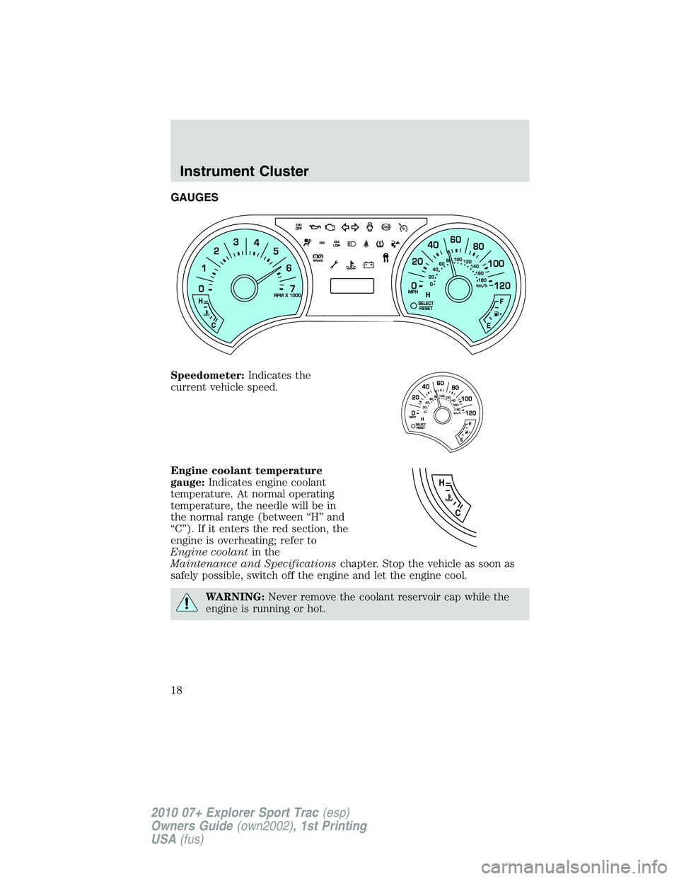 FORD EXPLORER SPORT TRAC 2010  Owners Manual GAUGES
Speedometer:Indicates the
current vehicle speed.
Engine coolant temperature
gauge:Indicates engine coolant
temperature. At normal operating
temperature, the needle will be in
the normal range (