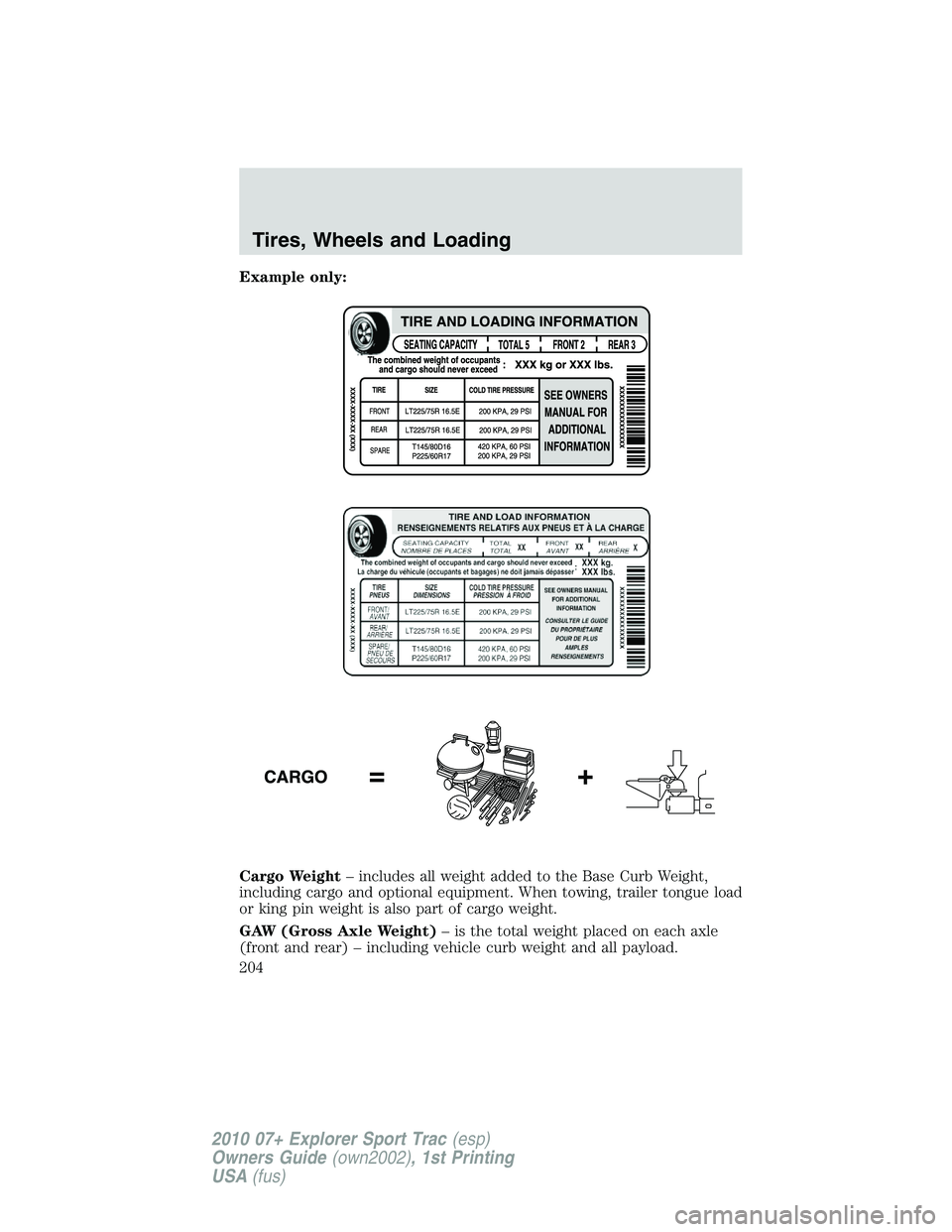 FORD EXPLORER SPORT TRAC 2010  Owners Manual Example only:
Cargo Weight– includes all weight added to the Base Curb Weight,
including cargo and optional equipment. When towing, trailer tongue load
or king pin weight is also part of cargo weigh