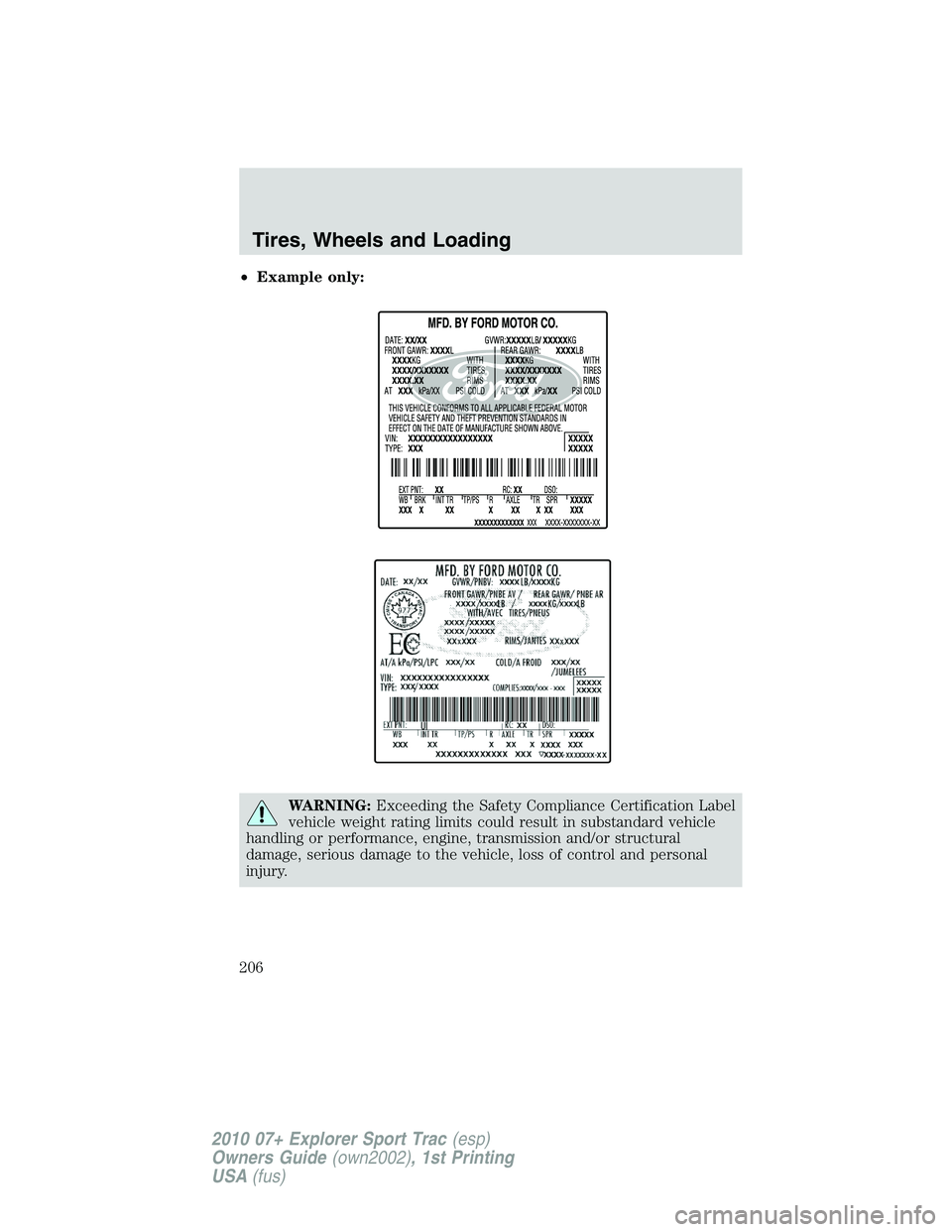 FORD EXPLORER SPORT TRAC 2010  Owners Manual •Example only:
WARNING:Exceeding the Safety Compliance Certification Label
vehicle weight rating limits could result in substandard vehicle
handling or performance, engine, transmission and/or struc