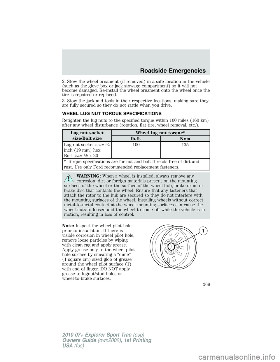 FORD EXPLORER SPORT TRAC 2010 Owners Manual 2. Stow the wheel ornament (if removed) in a safe location in the vehicle
(such as the glove box or jack stowage compartment) so it will not
become damaged. Re-install the wheel ornament onto the whee FORD EXPLORER SPORT TRAC 2010 Owners Manual 2. Stow the wheel ornament (if removed) in a safe location in the vehicle
(such as the glove box or jack stowage compartment) so it will not
become damaged. Re-install the wheel ornament onto the whee