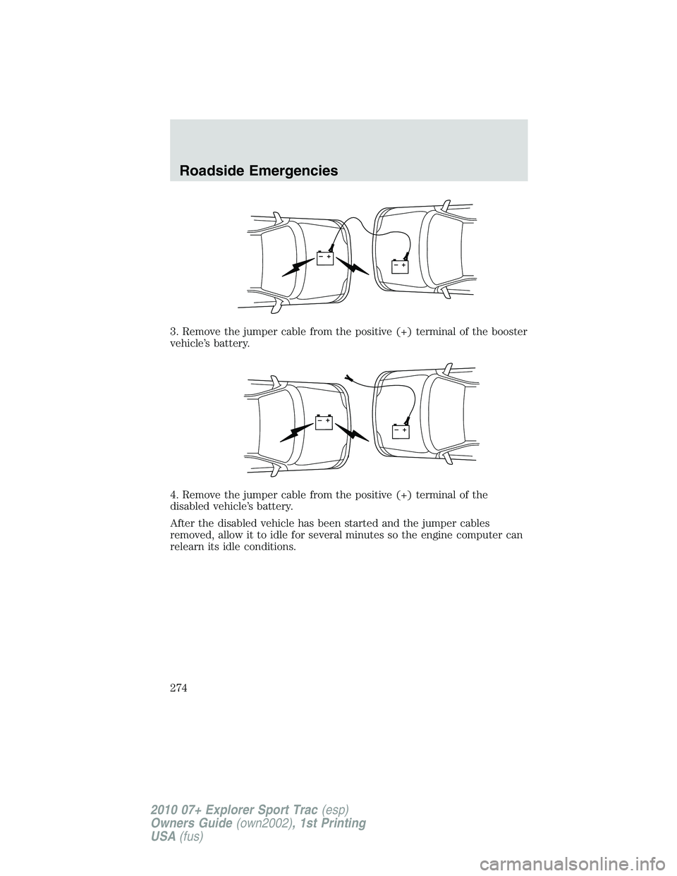 FORD EXPLORER SPORT TRAC 2010  Owners Manual 3. Remove the jumper cable from the positive (+) terminal of the booster
vehicle’s battery.
4. Remove the jumper cable from the positive (+) terminal of the
disabled vehicle’s battery.
After the d