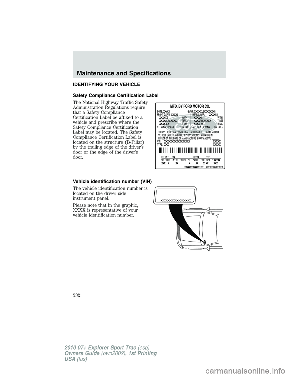 FORD EXPLORER SPORT TRAC 2010  Owners Manual IDENTIFYING YOUR VEHICLE
Safety Compliance Certification Label
The National Highway Traffic Safety
Administration Regulations require
that a Safety Compliance
Certification Label be affixed to a
vehic
