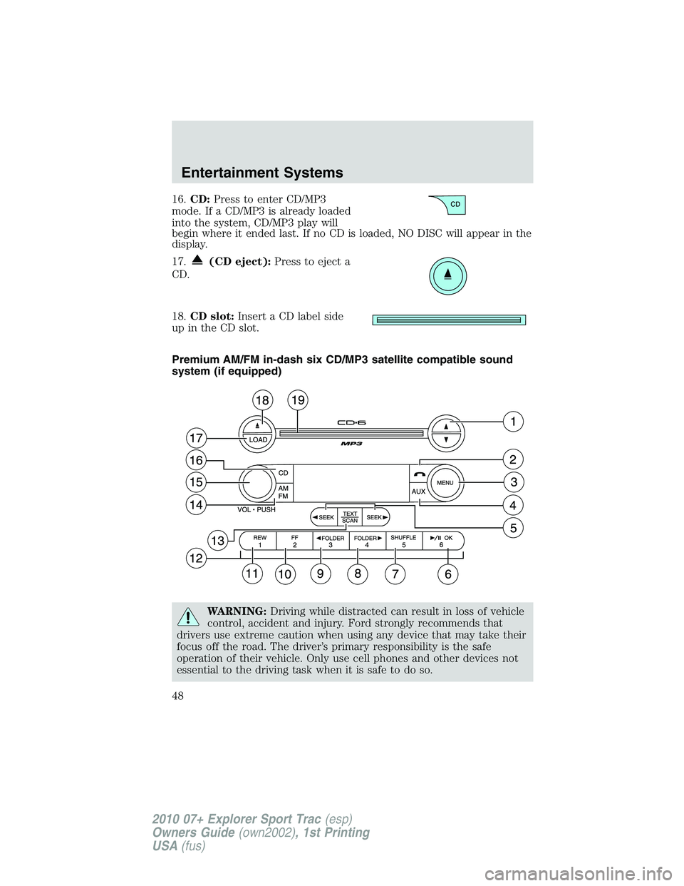 FORD EXPLORER SPORT TRAC 2010  Owners Manual 16.CD:Press to enter CD/MP3
mode. If a CD/MP3 is already loaded
into the system, CD/MP3 play will
begin where it ended last. If no CD is loaded, NO DISC will appear in the
display.
17.
(CD eject):Pres
