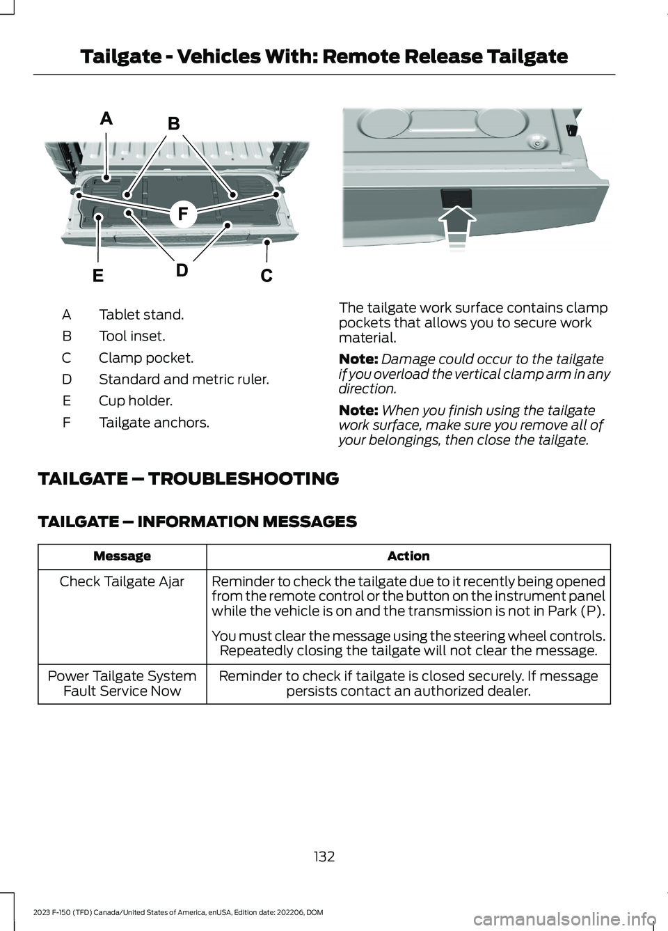 FORD F150 2023  Owners Manual Tablet stand.A
Tool inset.B
Clamp pocket.C
Standard and metric ruler.D
Cup holder.E
Tailgate anchors.F
The tailgate work surface contains clamppockets that allows you to secure workmaterial.
Note:Dama
