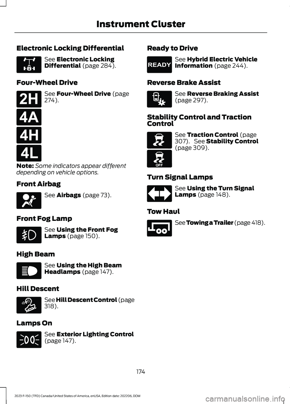 FORD F150 2023  Owners Manual Electronic Locking Differential
See Electronic LockingDifferential (page 284).
Four-Wheel Drive
See Four-Wheel Drive (page274).
Note:Some indicators appear differentdepending on vehicle options.
Front