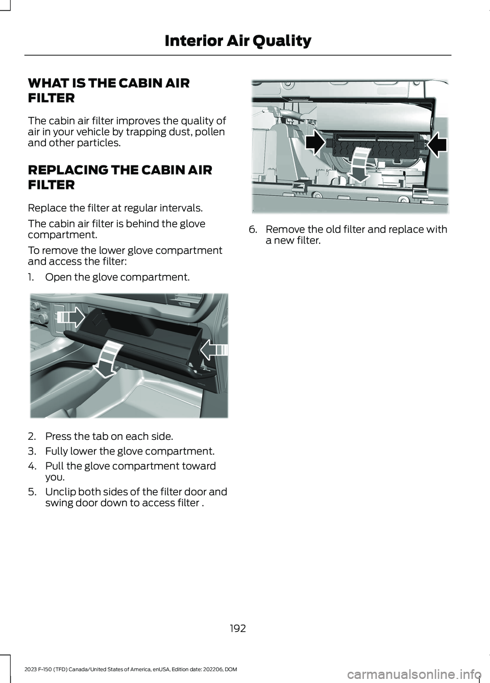 FORD F150 2023  Owners Manual WHAT IS THE CABIN AIR
FILTER
The cabin air filter improves the quality ofair in your vehicle by trapping dust, pollenand other particles.
REPLACING THE CABIN AIR
FILTER
Replace the filter at regular i