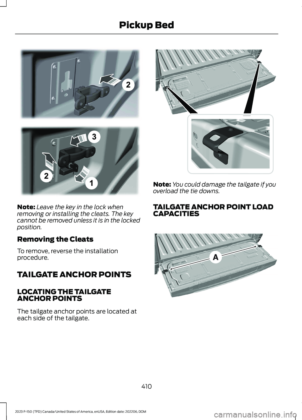 FORD F150 2023  Owners Manual Note:Leave the key in the lock whenremoving or installing the cleats. The keycannot be removed unless it is in the lockedposition.
Removing the Cleats
To remove, reverse the installationprocedure.
TAI