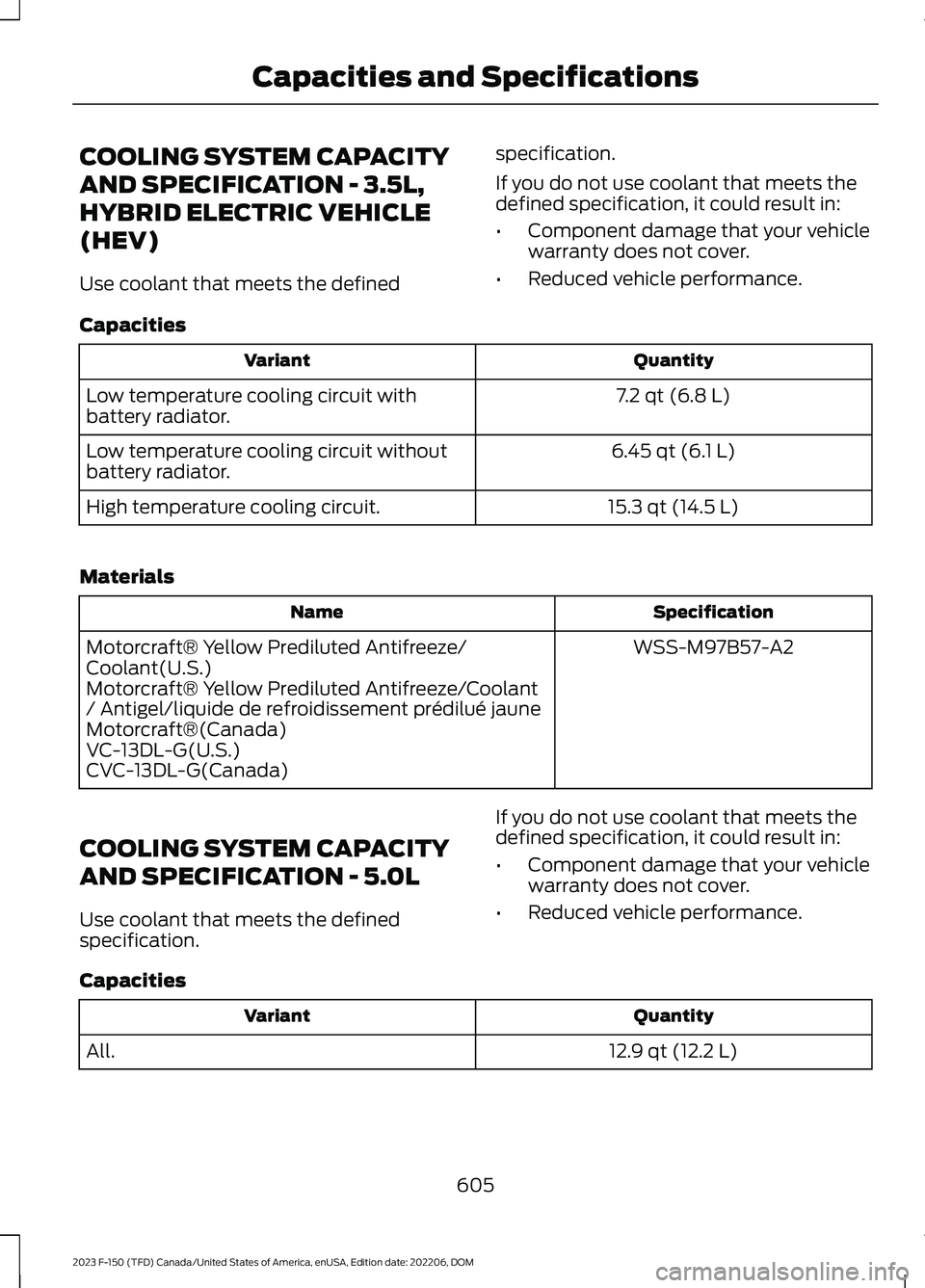 FORD F150 2023 Owners Manual COOLING SYSTEM CAPACITY
AND SPECIFICATION - 3.5L,
HYBRID ELECTRIC VEHICLE
(HEV)
Use coolant that meets the defined
specification.
If you do not use coolant that meets thedefined specification, it coul FORD F150 2023 Owners Manual COOLING SYSTEM CAPACITY
AND SPECIFICATION - 3.5L,
HYBRID ELECTRIC VEHICLE
(HEV)
Use coolant that meets the defined
specification.
If you do not use coolant that meets thedefined specification, it coul