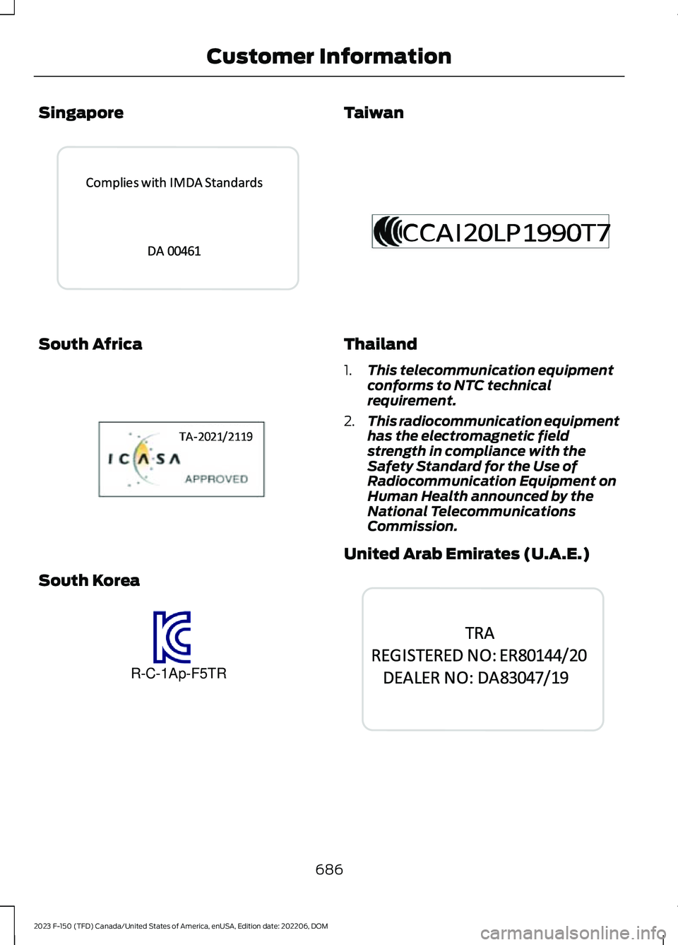 FORD F150 2023  Owners Manual Singapore
South Africa
South Korea
Taiwan
Thailand
1.This telecommunication equipmentconforms to NTC technicalrequirement.
2.This radiocommunication equipmenthas the electromagnetic fieldstrength in c