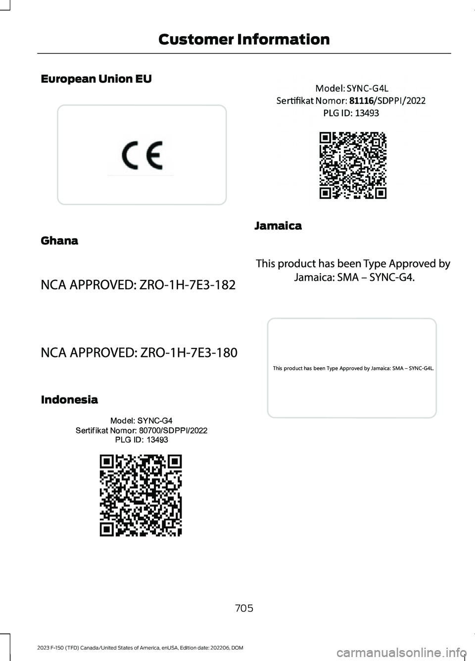 FORD F150 2023  Owners Manual European Union EU
Ghana
Indonesia
Jamaica
705
2023 F-150 (TFD) Canada/United States of America, enUSA, Edition date: 202206, DOMCustomer InformationE310043  E338082  E338203  E380500  E384585  E342400