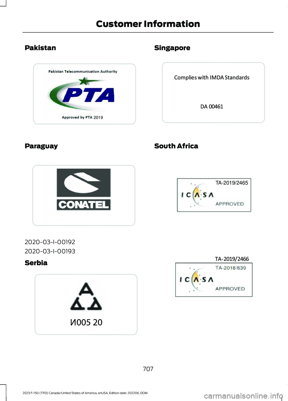 FORD F150 2023  Owners Manual Pakistan
Paraguay
2020-03-I-00192
2020-03-I-00193
Serbia
Singapore
South Africa
707
2023 F-150 (TFD) Canada/United States of America, enUSA, Edition date: 202206, DOMCustomer Information2019E342402  E