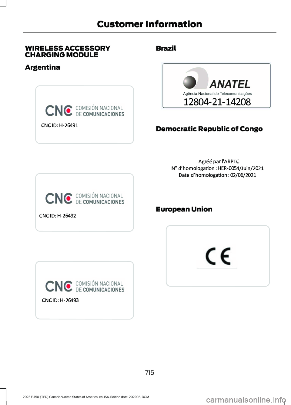 FORD F150 2023  Owners Manual WIRELESS ACCESSORYCHARGING MODULE
Argentina
Brazil
Democratic Republic of Congo
European Union
715
2023 F-150 (TFD) Canada/United States of America, enUSA, Edition date: 202206, DOMCustomer Informatio
