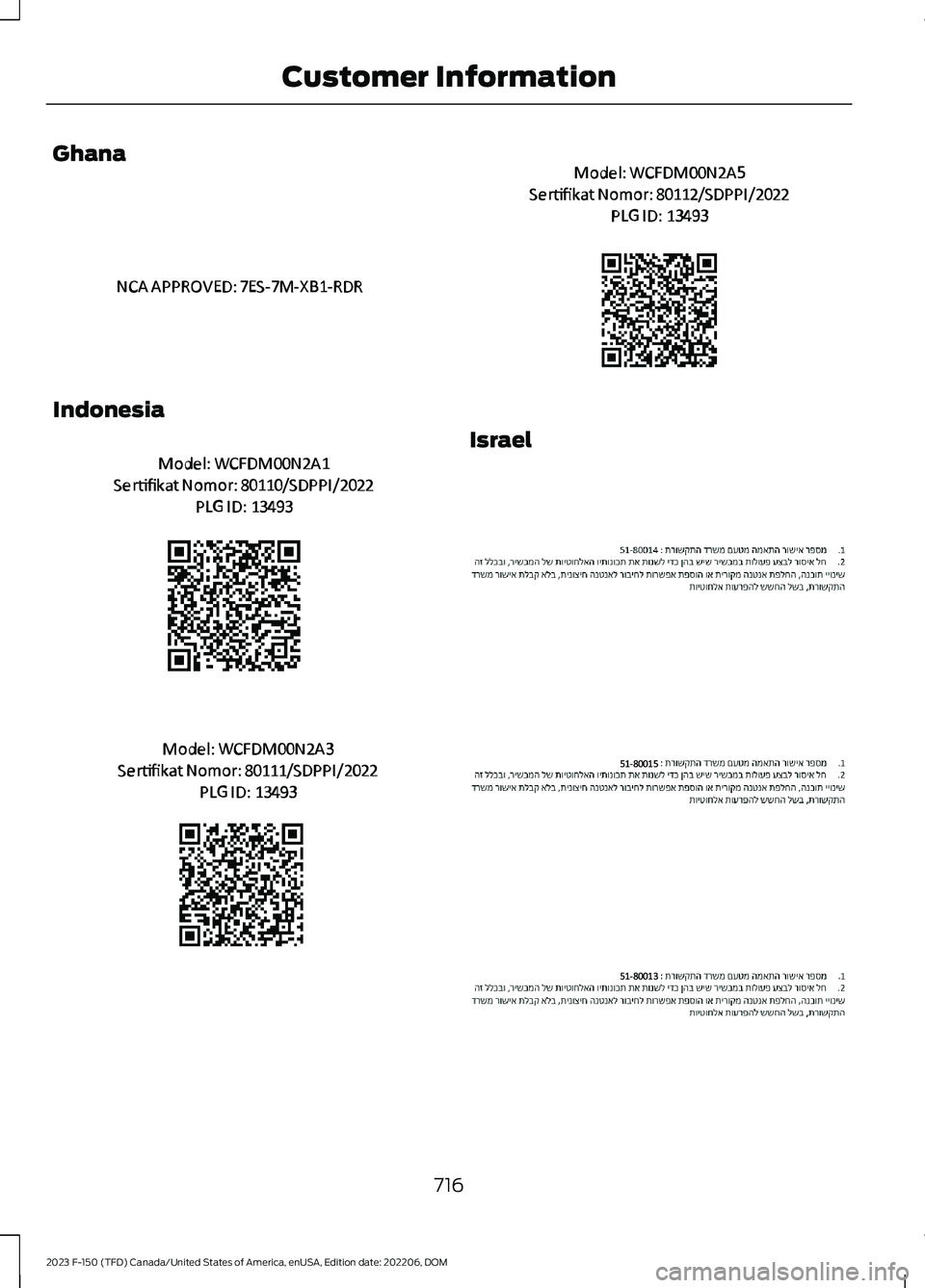 FORD F150 2023  Owners Manual Ghana
Indonesia
Israel
716
2023 F-150 (TFD) Canada/United States of America, enUSA, Edition date: 202206, DOMCustomer InformationE364756  E375961  E375962  E375963  E370175  E387620  E387621   