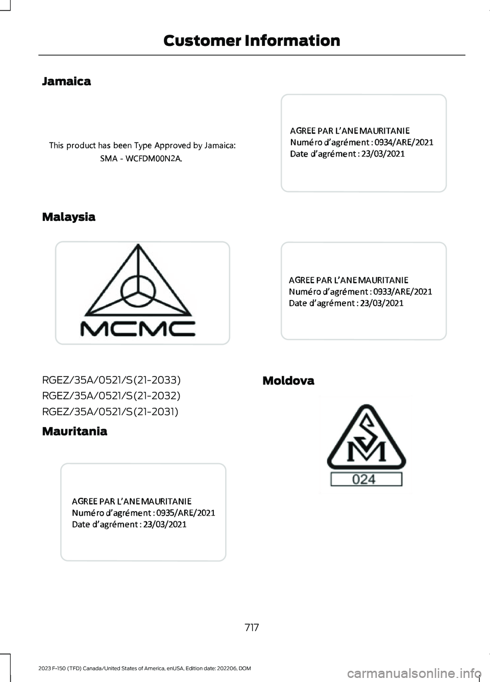 FORD F150 2023  Owners Manual Jamaica
Malaysia
RGEZ/35A/0521/S(21-2033)
RGEZ/35A/0521/S(21-2032)
RGEZ/35A/0521/S(21-2031)
Mauritania
Moldova
717
2023 F-150 (TFD) Canada/United States of America, enUSA, Edition date: 202206, DOMCus