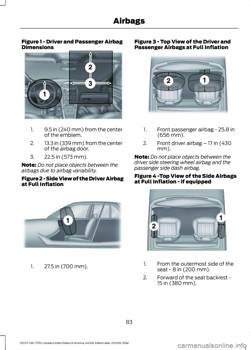 FORD F150 2023  Owners Manual Figure 1 - Driver and Passenger AirbagDimensions
9.5 in (240 mm) from the centerof the emblem.1.
13.3 in (339 mm) from the centerof the airbag door.2.
22.5 in (573 mm).3.
Note:Do not place objects bet
