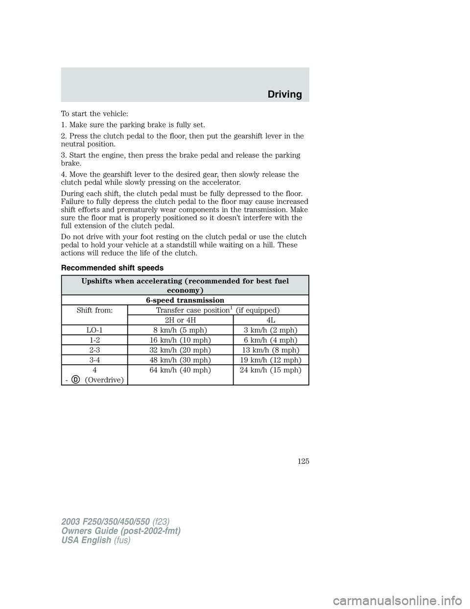 FORD F250 2003 Owners Manual To start the vehicle:
1. Make sure the parking brake is fully set.
2. Press the clutch pedal to the floor, then put the gearshift lever in the
neutral position.
3. Start the engine, then press the bra FORD F250 2003 Owners Manual To start the vehicle:
1. Make sure the parking brake is fully set.
2. Press the clutch pedal to the floor, then put the gearshift lever in the
neutral position.
3. Start the engine, then press the bra