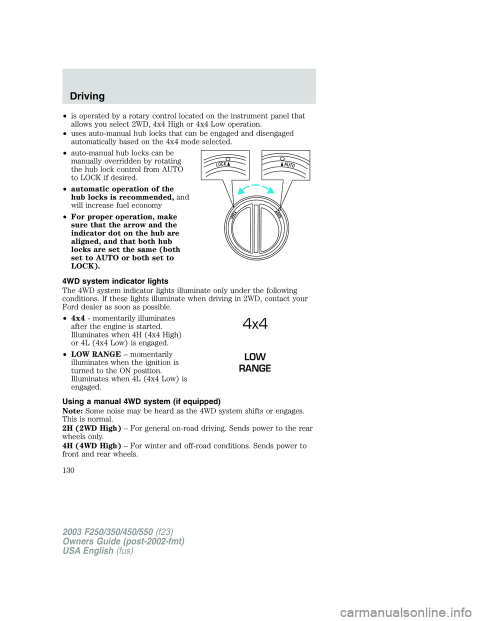 FORD F250 2003 Owners Manual •is operated by a rotary control located on the instrument panel that
allows you select 2WD, 4x4 High or 4x4 Low operation.
•uses auto-manual hub locks that can be engaged and disengaged
automatic FORD F250 2003 Owners Manual •is operated by a rotary control located on the instrument panel that
allows you select 2WD, 4x4 High or 4x4 Low operation.
•uses auto-manual hub locks that can be engaged and disengaged
automatic