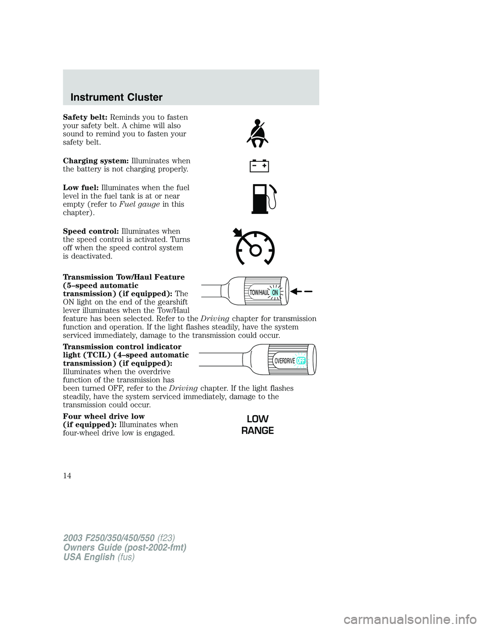 FORD F250 2003 Owners Manual Safety belt:Reminds you to fasten
your safety belt. A chime will also
sound to remind you to fasten your
safety belt.
Charging system:Illuminates when
the battery is not charging properly.
Low fuel:Il FORD F250 2003 Owners Manual Safety belt:Reminds you to fasten
your safety belt. A chime will also
sound to remind you to fasten your
safety belt.
Charging system:Illuminates when
the battery is not charging properly.
Low fuel:Il