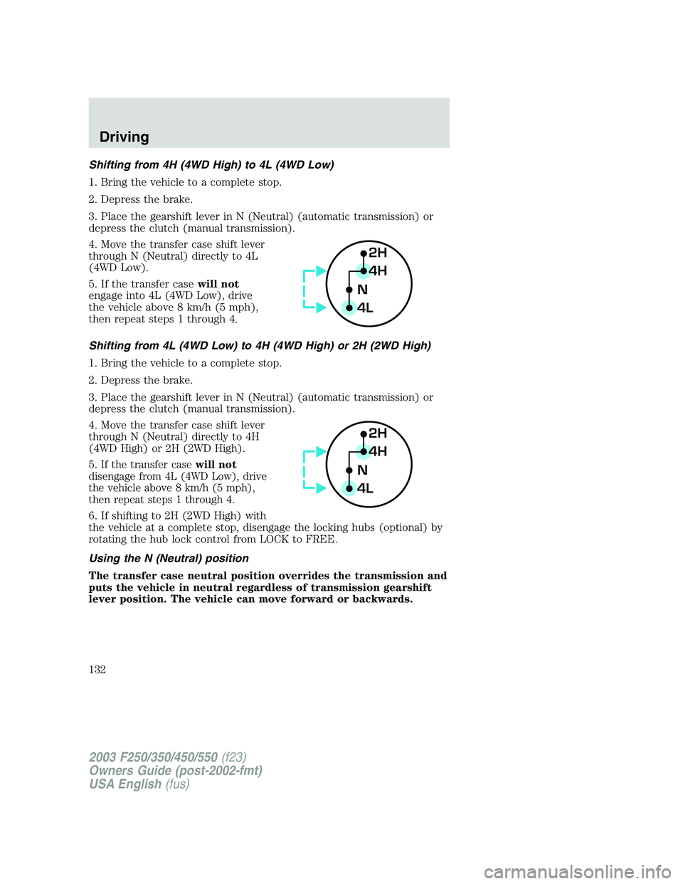 FORD F250 2003 Owners Manual Shifting from 4H (4WD High) to 4L (4WD Low)
1. Bring the vehicle to a complete stop.
2. Depress the brake.
3. Place the gearshift lever in N (Neutral) (automatic transmission) or
depress the clutch (m FORD F250 2003 Owners Manual Shifting from 4H (4WD High) to 4L (4WD Low)
1. Bring the vehicle to a complete stop.
2. Depress the brake.
3. Place the gearshift lever in N (Neutral) (automatic transmission) or
depress the clutch (m