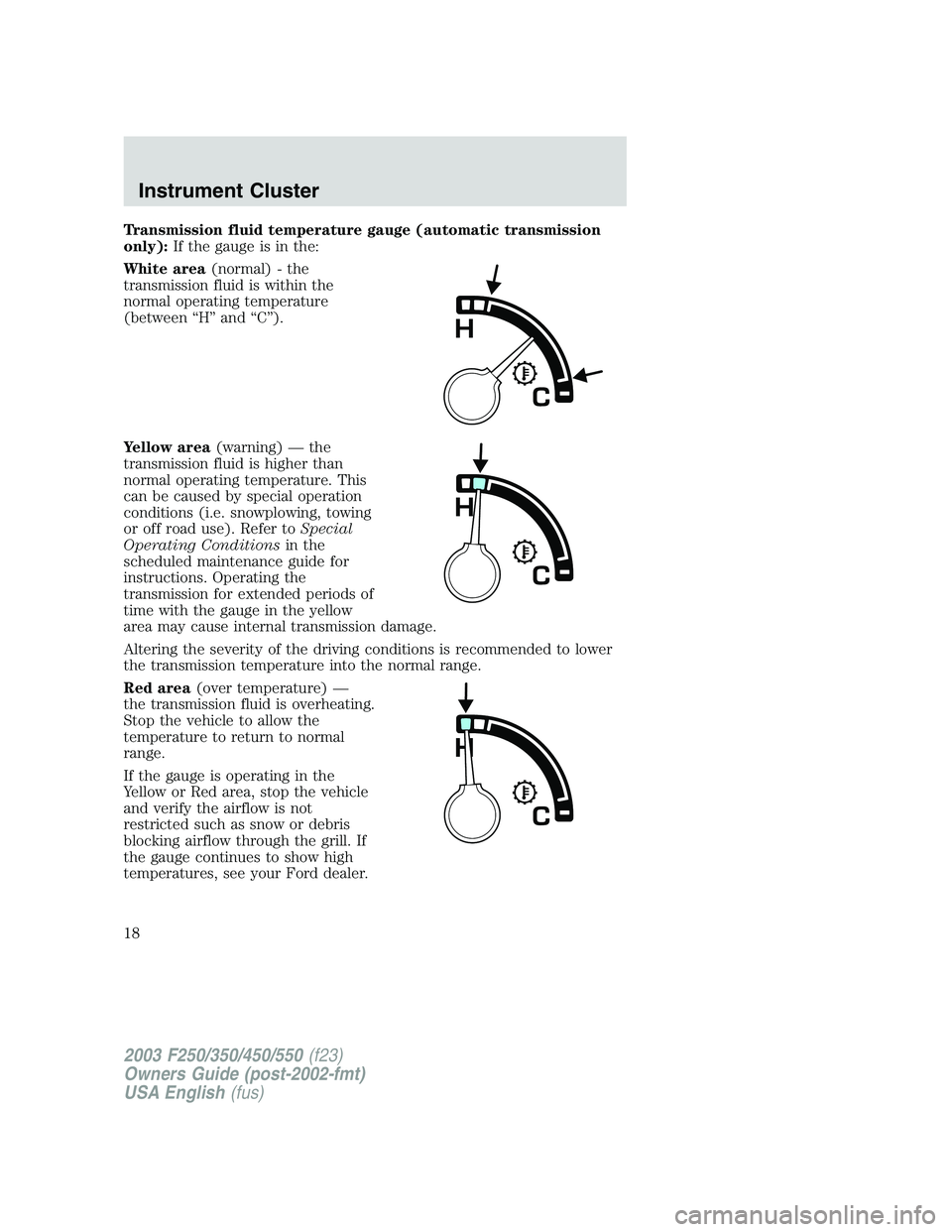 FORD F250 2003 Owners Manual Transmission fluid temperature gauge (automatic transmission
only):If the gauge is in the:
White area(normal) - the
transmission fluid is within the
normal operating temperature
(between“H”and“C FORD F250 2003 Owners Manual Transmission fluid temperature gauge (automatic transmission
only):If the gauge is in the:
White area(normal) - the
transmission fluid is within the
normal operating temperature
(between“H”and“C