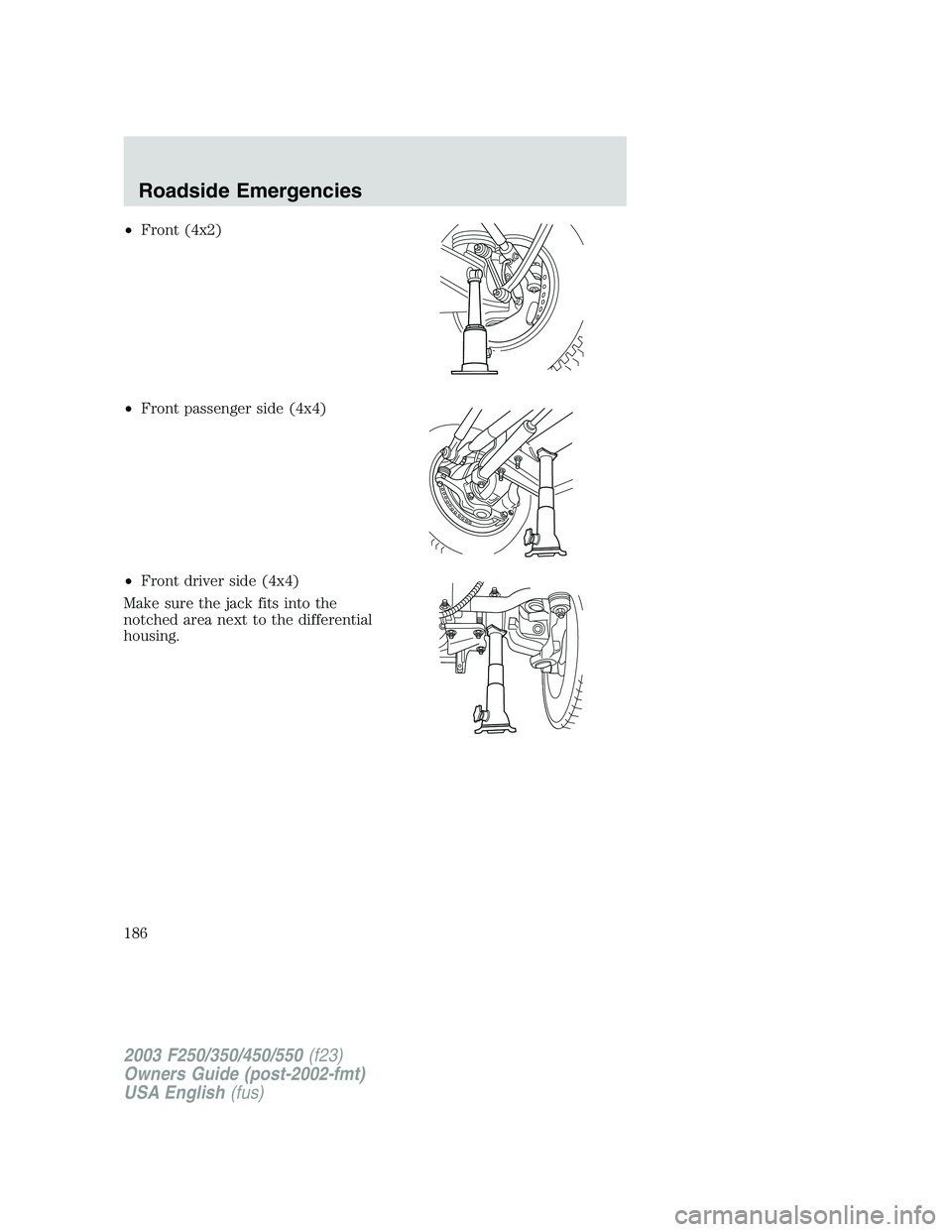 FORD F250 2003  Owners Manual •Front (4x2)
•Front passenger side (4x4)
•Front driver side (4x4)
Make sure the jack fits into the
notched area next to the differential
housing.
2003 F250/350/450/550(f23)
Owners Guide (post-20