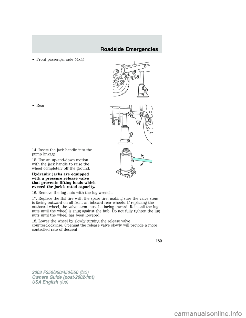 FORD F250 2003  Owners Manual •Front passenger side (4x4)
•Rear
14. Insert the jack handle into the
pump linkage.
15. Use an up-and-down motion
with the jack handle to raise the
wheel completely off the ground.
Hydraulic jacks