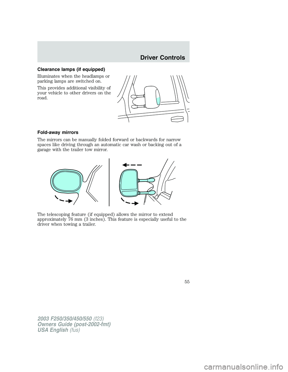 FORD F250 2003  Owners Manual Clearance lamps (if equipped)
Illuminates when the headlamps or
parking lamps are switched on.
This provides additional visibility of
your vehicle to other drivers on the
road.
Fold-away mirrors
The m